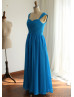 Blue Pleats Chiffon Sweetheart Neckline Long Bridesmaid Dress